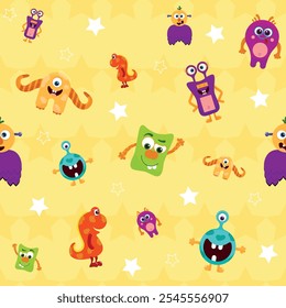 Vector Colorful Monster Pattern on Starry Background  with stars and various colorful, friendly monsters, including an orange one-eyed monster, a small red dinosaur, and ot