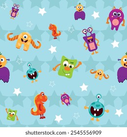 Vector Colorful Monster Pattern on Starry Background  with stars and various colorful, friendly monsters, including an orange one-eyed monster, a small red dinosaur, and ot