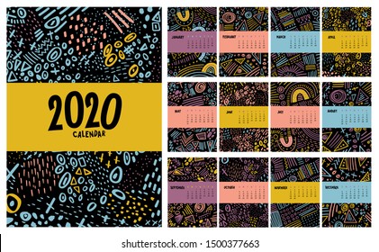 Vector colorful monthly calendar for 2020 year with abstract marker doodle. Editable template A5, A4, A3 size, can be printed and used as a desk, table or wall calender for your schedule and plans.