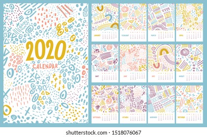 Vector colorful monthly calendar for 2020 year with abstract marker doodle. Editable template A5, A4, A3 size, can be printed and used as a desk, table or wall calender for your schedule and plans.