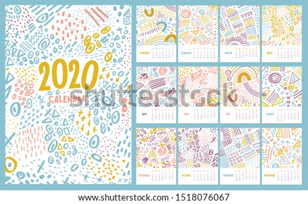 Vector colorful monthly calendar for 2020 year with abstract marker doodle. Editable template A5, A4, A3 size, can be printed and used as a desk, table or wall calender for your schedule and plans.