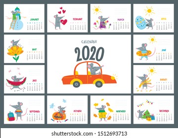 Vector colorful monthly calendar with a cute rat - a symbol of the 2020 year according to Chinese calendar. Editable template A5, A4, A3 size, can be printed and used as a desk, table or wall calender