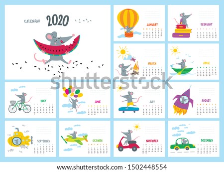 Vector colorful monthly calendar with a cute traveler rat in adventure - symbol of the 2020 year Chinese calendar. Editable template A5, A4, A3 size, can be and used as a desk, table or wall calender