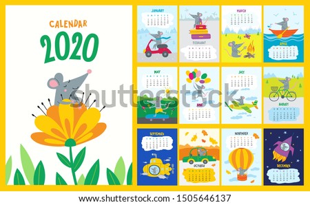 Vector colorful monthly calendar with a cute rat - a symbol of the 2020 year  Chinese calendar. Editable template A5, A4, A3 size, can be printed and used as a desk, table or wall calender 