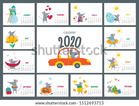 Vector colorful monthly calendar with a cute rat - a symbol of the 2020 year according to Chinese calendar. Editable template A5, A4, A3 size, can be printed and used as a desk, table or wall calender