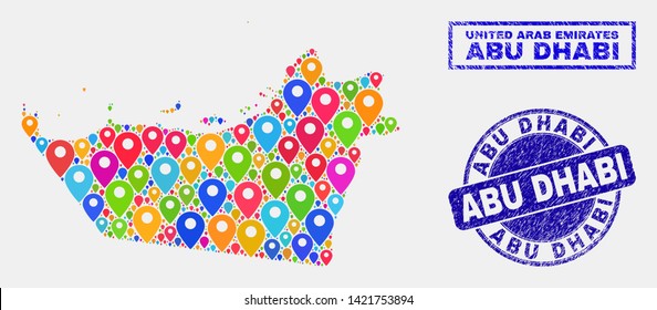 Vector colorful mosaic Abu Dhabi Emirate map and grunge stamp seals. Abstract Abu Dhabi Emirate map is composed from scattered colorful navigation markers. Stamp seals are blue,