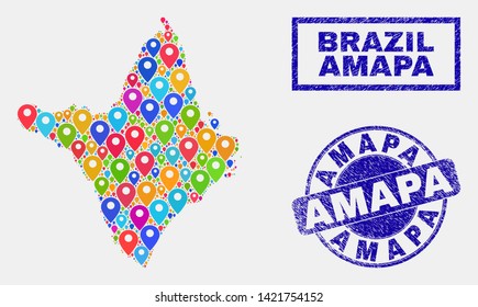Vector colorful mosaic Amapa state map and grunge stamps. Abstract Amapa state map is created from randomized colorful geo symbols. Stamps are blue, with rectangle and rounded shapes.
