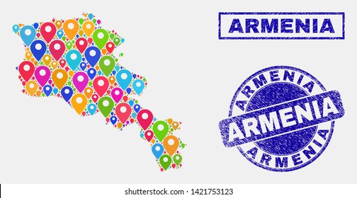 Vector colorful mosaic Armenia map and grunge stamps. Flat Armenia map is formed from scattered colorful navigation symbols. Stamps are blue, with rectangle and rounded shapes.
