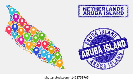 Vector colorful mosaic Aruba Island map and grunge seals. Abstract Aruba Island map is composed from random colorful geo positions. Stamps are blue, with rectangle and round shapes.