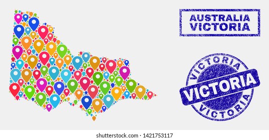 Vector colorful mosaic Australian Victoria map and grunge stamp seals. Abstract Australian Victoria map is composed from random colorful navigation pins. Stamp seals are blue,