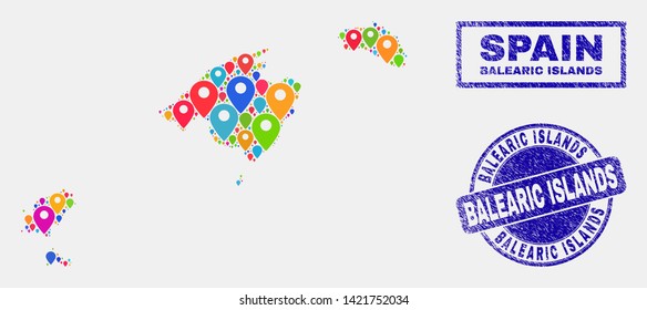 Vector colorful mosaic Balearic Islands map and grunge stamps. Flat Balearic Islands map is composed from scattered colorful site icons. Stamps are blue, with rectangle and rounded shapes.