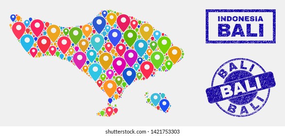 Vector colorful mosaic Bali map and grunge stamp seals. Flat Bali map is formed from randomized bright navigation symbols. Stamp seals are blue, with rectangle and round shapes.