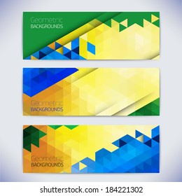 Vector colorful mosaic banners.Abstract backgrounds of geometric shapes. Color background with place for your text.Triangle decor,text separately from the background. summer sport rio color