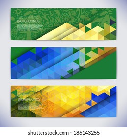 Vector colorful mosaic banners.Abstract backgrounds of geometric shapes Brazilian theme with Doodle. Rio 2016. 