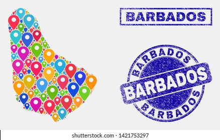 Vector colorful mosaic Barbados map and grunge seals. Abstract Barbados map is composed from randomized colorful map markers. Stamp seals are blue, with rectangle and round shapes.