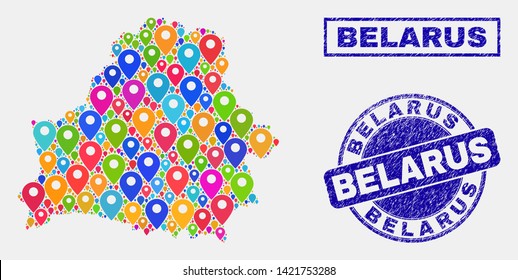 Vector colorful mosaic Belarus map and grunge stamp seals. Abstract Belarus map is created from random colorful site icons. Stamp seals are blue, with rectangle and round shapes.