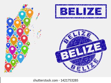 Vector colorful mosaic Belize map and grunge stamp seals. Abstract Belize map is composed from scattered colorful site pointers. Stamp seals are blue, with rectangle and round shapes.
