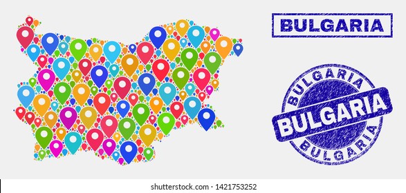 Vector colorful mosaic Bulgaria map and grunge watermarks. Abstract Bulgaria map is composed from random colorful geo pins. Stamps are blue, with rectangle and round shapes.