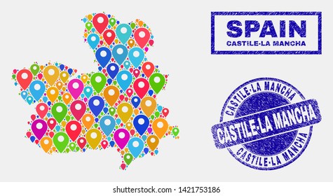 Vector colorful mosaic Castile-La Mancha Province map and grunge stamp seals. Abstract Castile-La Mancha Province map is composed from randomized colorful navigation markers. Stamp seals are blue,