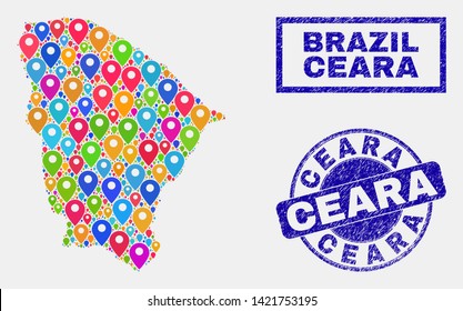 Vector colorful mosaic Ceara state map and grunge seals. Flat Ceara state map is designed from scattered colorful map pins. Stamp seals are blue, with rectangle and rounded shapes.