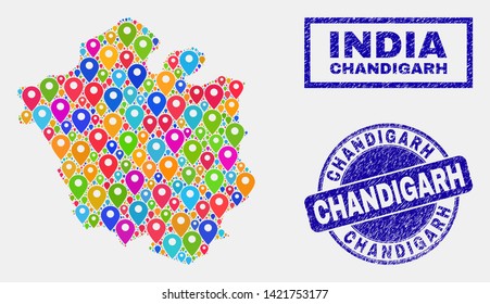 Vector colorful mosaic Chandigarh City map and grunge stamps. Flat Chandigarh City map is designed from randomized colorful map locations. Stamps are blue, with rectangle and round shapes.