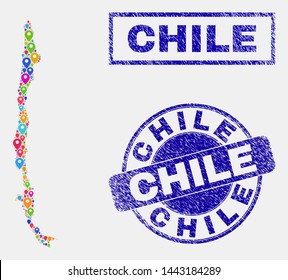 Vector colorful mosaic Chile map and grunge seals. Abstract Chile map is composed from random colorful geo pins. Seals are blue, with rectangle and round shapes. Abstraction for tourist advertisement.