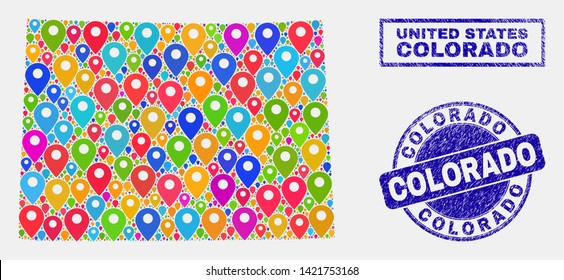 Vector colorful mosaic Colorado State map and grunge stamp seals. Flat Colorado State map is formed from randomized colorful navigation icons. Stamp seals are blue, with rectangle and rounded shapes.