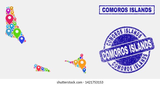 Vector colorful mosaic Comoros Islands map and grunge seals. Flat Comoros Islands map is formed from randomized colorful geo positions. Stamp seals are blue, with rectangle and round shapes.