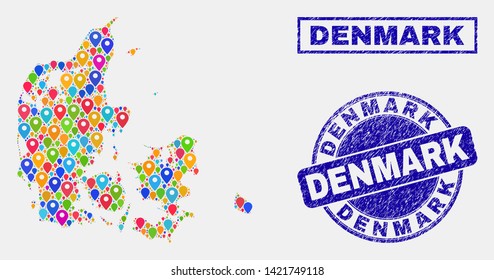 Vector colorful mosaic Denmark map and grunge stamp seals. Abstract Denmark map is composed from random colorful geo locations. Stamp seals are blue, with rectangle and round shapes.