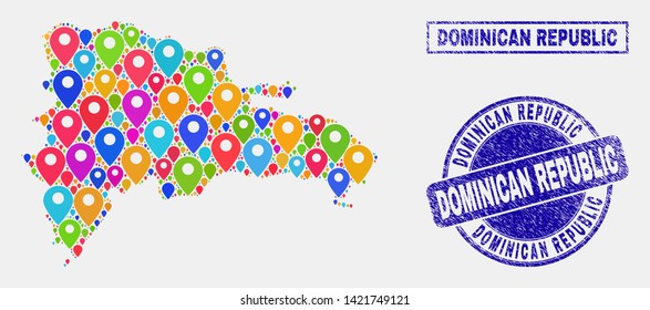 Vector colorful mosaic Dominican Republic map and grunge stamp seals. Flat Dominican Republic map is created from scattered bright geo markers. Stamp seals are blue, with rectangle and round shapes.