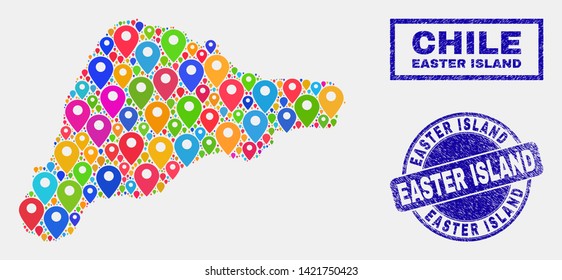 Vector colorful mosaic Easter Island map and grunge watermarks. Flat Easter Island map is composed from scattered colorful site icons. Watermarks are blue, with rectangle and rounded shapes.