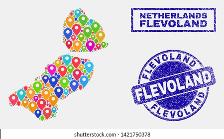 Vector colorful mosaic Flevoland Province map and grunge stamp seals. Abstract Flevoland Province map is formed from scattered bright site pointers. Stamp seals are blue,