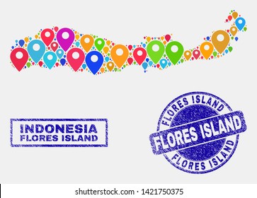 Vector colorful mosaic Flores Island of Indonesia map and grunge stamp seals. Flat Flores Island of Indonesia map is created from randomized colorful map markers. Stamp seals are blue,