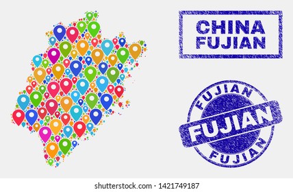 Vector colorful mosaic Fujian Province map and grunge stamp seals. Abstract Fujian Province map is designed from scattered colorful geo symbols. Seals are blue, with rectangle and round shapes.
