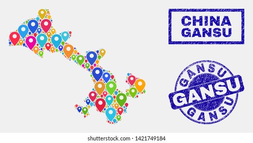 Vector colorful mosaic Gansu Province map and grunge stamp seals. Abstract Gansu Province map is formed from randomized bright map positions. Stamp seals are blue, with rectangle and round shapes.