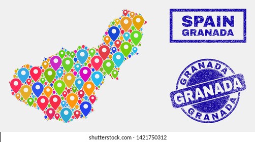 Vector colorful mosaic Granada Province map and grunge stamp seals. Abstract Granada Province map is created from random colorful site positions. Stamps are blue, with rectangle and rounded shapes.