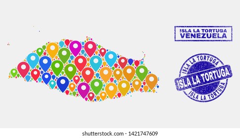 Vector colorful mosaic Isla La Tortuga map and grunge seals. Flat Isla La Tortuga map is created from scattered colorful geo markers. Seals are blue, with rectangle and round shapes.