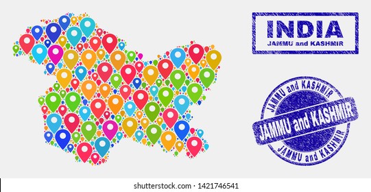 Vector colorful mosaic Jammu and Kashmir State map and grunge watermarks. Abstract Jammu and Kashmir State map is formed from random colorful navigation markers. Watermarks are blue,