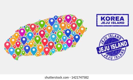 Vector colorful mosaic Jeju Island map and grunge stamp seals. Abstract Jeju Island map is designed from randomized colorful geo positions. Stamp seals are blue, with rectangle and rounded shapes.