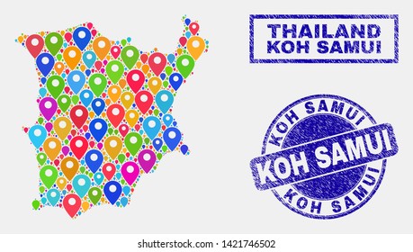 Vector colorful mosaic Koh Samui map and grunge stamps. Abstract Koh Samui map is designed from scattered colorful site markers. Stamps are blue, with rectangle and round shapes.