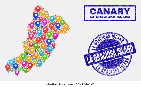 Vector colorful mosaic La Graciosa Island map and grunge stamp seals. Flat La Graciosa Island map is created from random colorful geo positions. Stamp seals are blue,