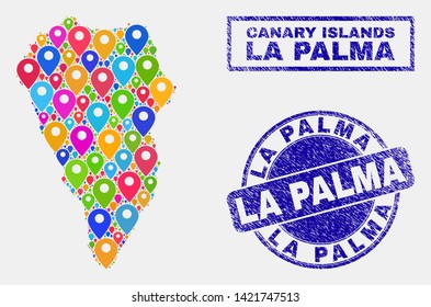 Vector colorful mosaic La Palma Island map and grunge stamp seals. Flat La Palma Island map is created from scattered colorful site pins. Stamp seals are blue, with rectangle and rounded shapes.