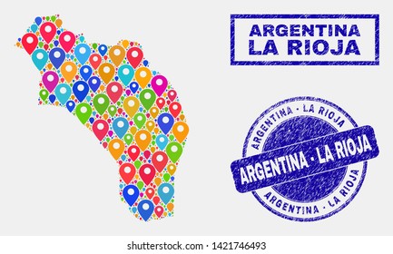 Vector colorful mosaic La Rioja of Argentina map and grunge seals. Abstract La Rioja of Argentina map is composed from scattered colorful map pointers. Seals are blue,