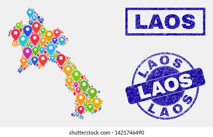 Vector colorful mosaic Laos map and grunge stamps. Abstract Laos map is created from random colorful map markers. Stamps are blue, with rectangle and rounded shapes.
