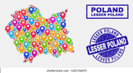 Vector colorful mosaic Lesser Poland Voivodeship map and grunge seals. Flat Lesser Poland Voivodeship map is formed from random colorful site pointers. Stamp seals are blue,