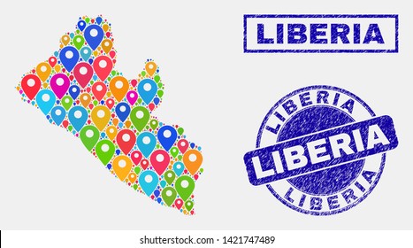 Vector colorful mosaic Liberia map and grunge seals. Abstract Liberia map is designed from random colorful geo pointers. Seals are blue, with rectangle and round shapes.