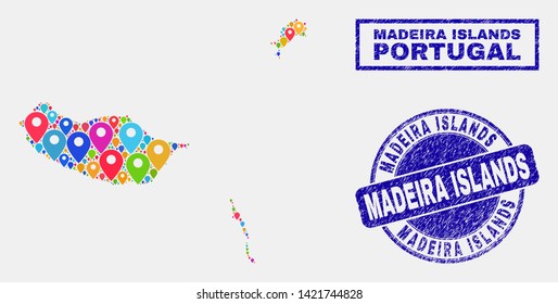 Vector colorful mosaic Madeira Islands map and grunge stamp seals. Flat Madeira Islands map is composed from scattered bright geo pins. Stamp seals are blue, with rectangle and rounded shapes.