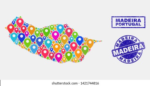 Vector colorful mosaic Madeira map and grunge watermarks. Flat Madeira map is formed from random colorful site positions. Watermarks are blue, with rectangle and round shapes.