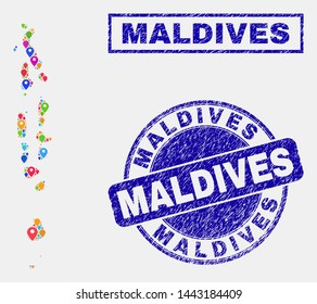 Vector colorful mosaic Maldives map and grunge stamp seals. Abstract Maldives map is formed from scattered colorful site locations. Stamp seals are blue, with rectangle and round shapes.