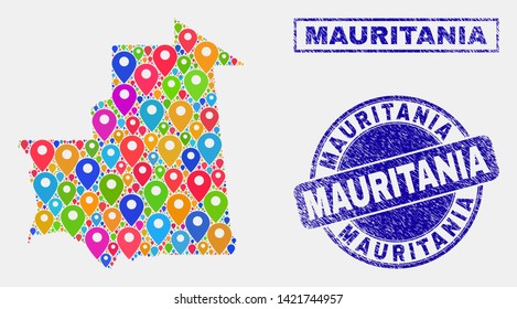 Vector colorful mosaic Mauritania map and grunge seals. Flat Mauritania map is designed from randomized colorful navigation pins. Stamp seals are blue, with rectangle and round shapes.